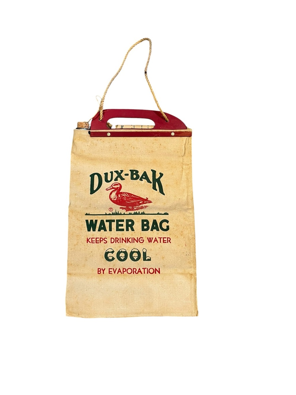 Vintage Dux-Bak Water Bag Canvas Wood Handle Rope Original Instructions Unused